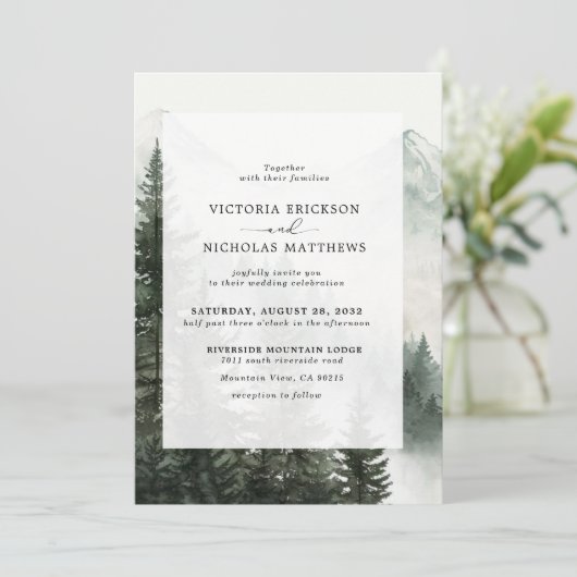 Rustige Berg Forest Evergreen Tree Wedding Kaart (Staand voorkant)