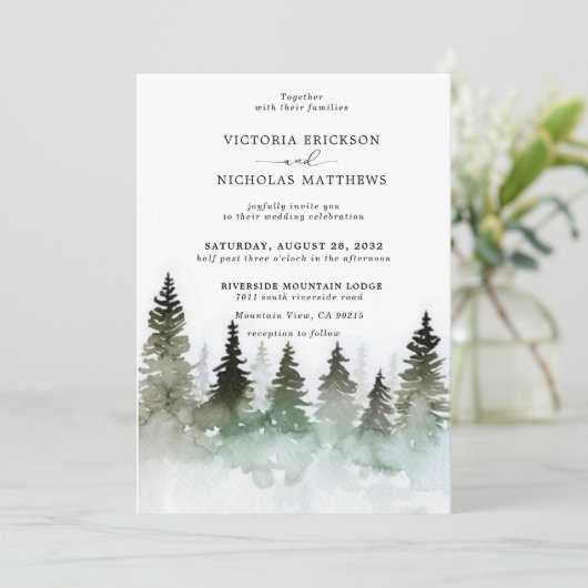 Rustige Berg Forest Evergreen Tree Wedding Kaart (Staand voorkant)