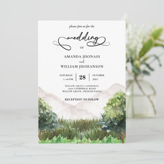Rustige Berg Forest Evergreen Tree Wedding Kaart (Staand voorkant)