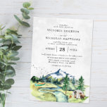 Rustige Berg Forest Evergreen Tree Wedding Kaart<br><div class="desc">Het ontwerp is voorzien van een elegant waterverf uitzicht in de bergen, een charmante kano aan de basis van de rivier en een prachtige bloemenboeket met moderne, elegante lettertypen. Deze design kunnen gepersonaliseerd worden voor je speciale gelegenheid en zijn perfect voor je bruiloft, vrijgezellenfeest, verlovingsfeest, verjaardagsfeest en nog veel meer...</div>