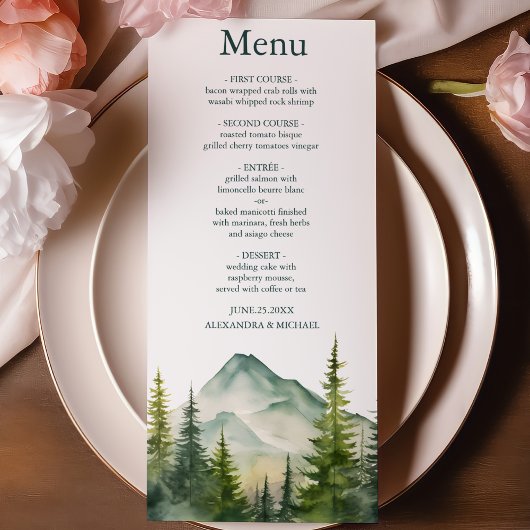 Rustige Berg Forest Evergreen Tree Wedding Menu