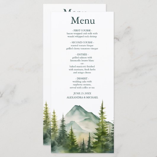 Rustige Berg Forest Evergreen Tree Wedding Menu (Voorkant / Achterkant)