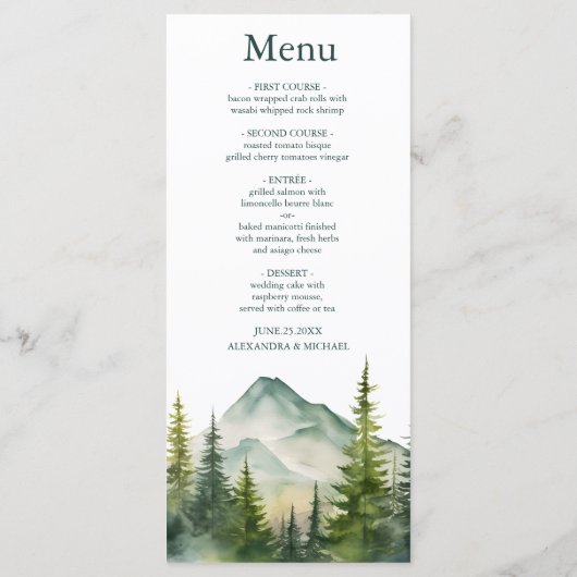 Rustige Berg Forest Evergreen Tree Wedding Menu (Achterkant)
