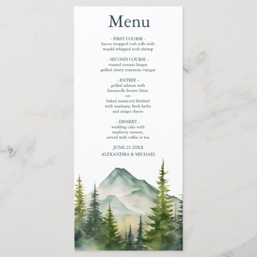 Rustige Berg Forest Evergreen Tree Wedding Menu (Voorkant)