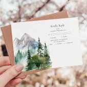 Rustige Berg Forest Evergreen Tree Wedding RSVP Kaartje