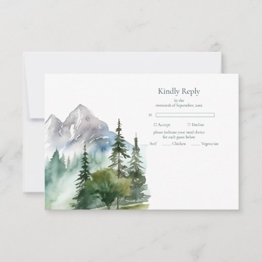 Rustige Berg Forest Evergreen Tree Wedding RSVP Kaartje (Voorkant)