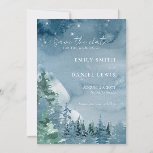 Rustige bergen Donkerblauwe Waterverf Save The Date (Voorkant)