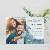 Rustige bergen en Waterverf van bomen Dusty Blue Save The Date (Staand voorkant)