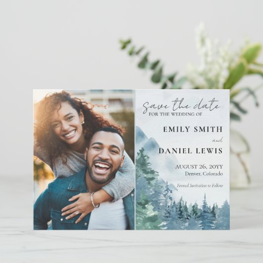 Rustige bergen en Waterverf van bomen Dusty Blue Save The Date (Staand voorkant)