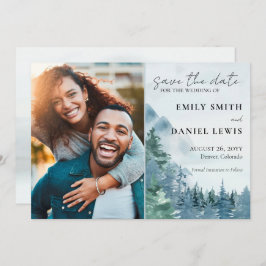 Rustige bergen en Waterverf van bomen Dusty Blue Save The Date