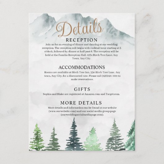 Rustige bergen en woudbruiloft voor Waterverf Informatiekaartje (Voorkant)