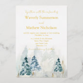 Rustige bergen Evergreen Waterverf Wedding Folie Uitnodiging (Voorkant)