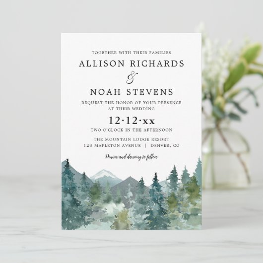 Rustige bergen waterverf bruiloft kaart (Staand voorkant)