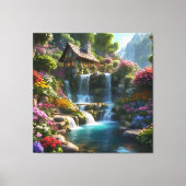 Rustige berghut watervallen bloemen canvas afdruk (Voorkant)