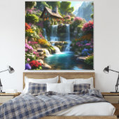 Rustige berghut watervallen bloemen canvas afdruk (Insitu (Slaapkamer))
