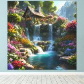 Rustige berghut watervallen bloemen canvas afdruk (Insitu (Houten vloer))