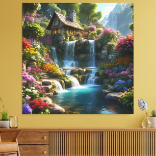 Rustige berghut watervallen bloemen canvas afdruk