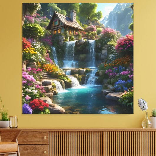 Rustige berghut watervallen bloemen canvas afdruk (Insitu (Woonkamer))