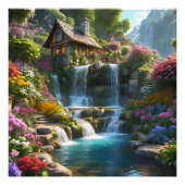 Rustige berghut watervallen bloemen foto afdruk (Voorkant)