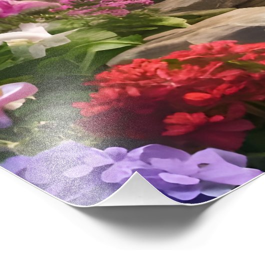 Rustige berghut watervallen bloemen foto afdruk (Hoek)