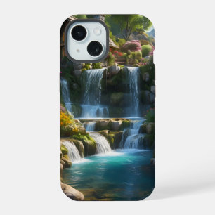 Rustige berghut watervallen bloemen iPhone 15 case