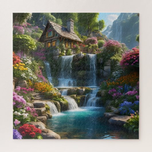 Rustige berghut watervallen bloemen legpuzzel (Verticaal)