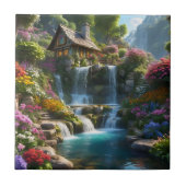 Rustige berghut watervallen bloemen tegeltje (Voorkant)