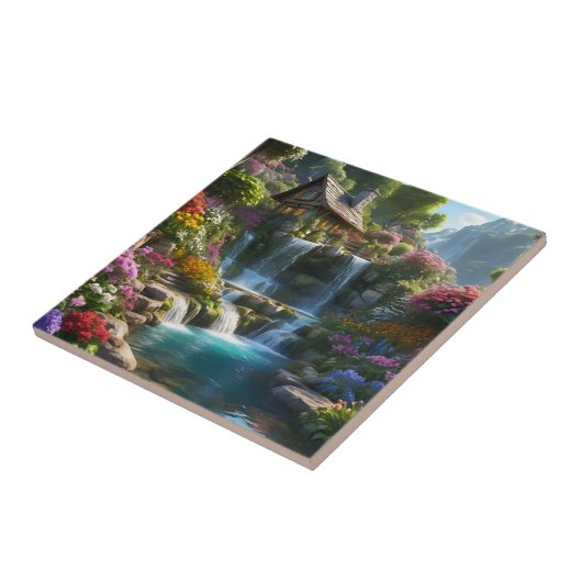 Rustige berghut watervallen bloemen tegeltje (Zijkant)