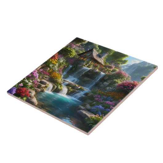 Rustige berghut watervallen bloemen tegeltje (Zijkant)