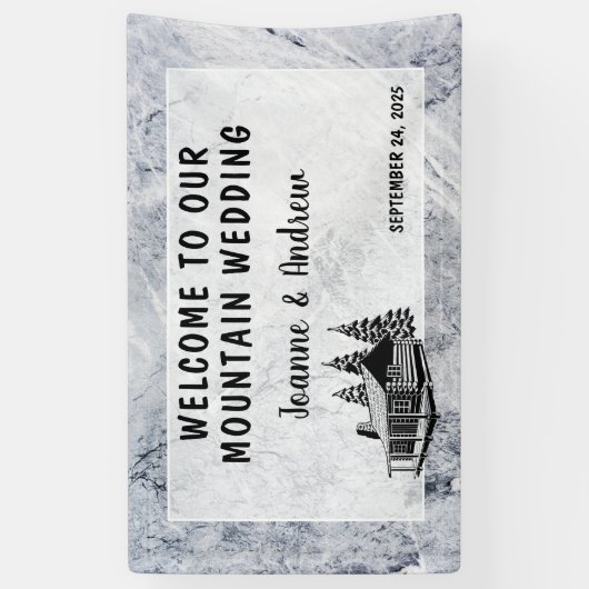 Rustige berglodge welkom op onze bruiloft spandoek (Verticaal)