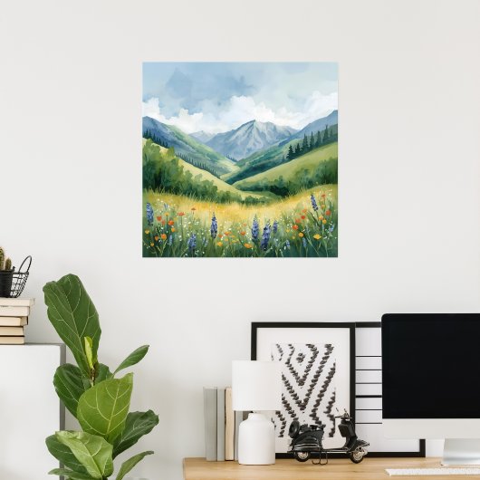 Rustige bergweide - Waterverf Natuur Muur Poster (Thuiskantoor)