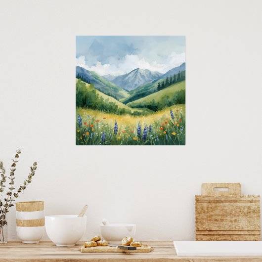 Rustige bergweide - Waterverf Natuur Muur Poster (Keuken)