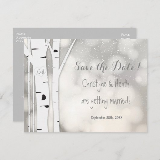 Rustige berkenboom winter besneeuwde datum bewaren aankondigingskaart (Voorkant / Achterkant)