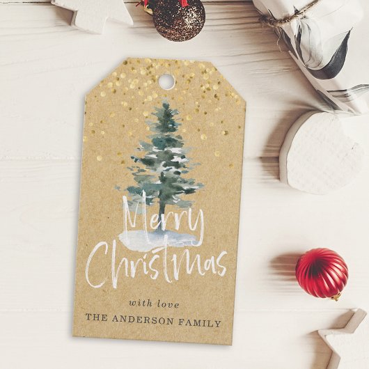 Rustige Besneeuwde Kerstboom Vakantie Cadeaulabel