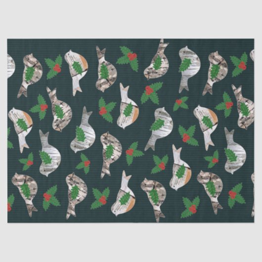 Rustige Birch Bark Birds Red Holly Berry Kerstmis Tissuepapier (Voorkant)