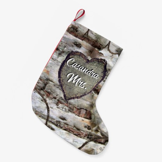 Rustige Birch Bark Wood Carved Heart Aspen Tree Kleine Kerstsok (Voorkant (Hangend))