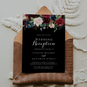 Rustige Black Botanical Wedding Reception Kaart