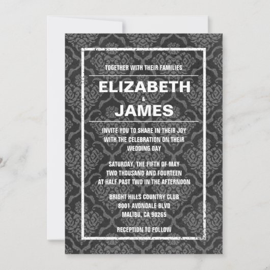 Rustige  Black Damask Wedding Invitations Kaart (Voorkant)