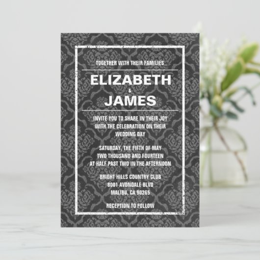 Rustige  Black Damask Wedding Invitations Kaart (Staand voorkant)