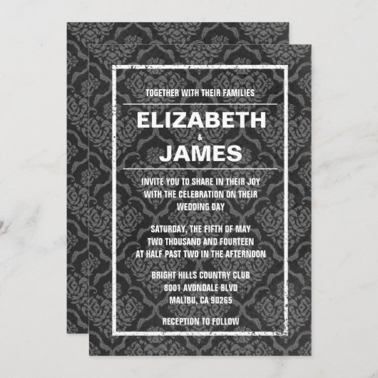 Rustige  Black Damask Wedding Invitations Kaart (Voorkant / Achterkant)