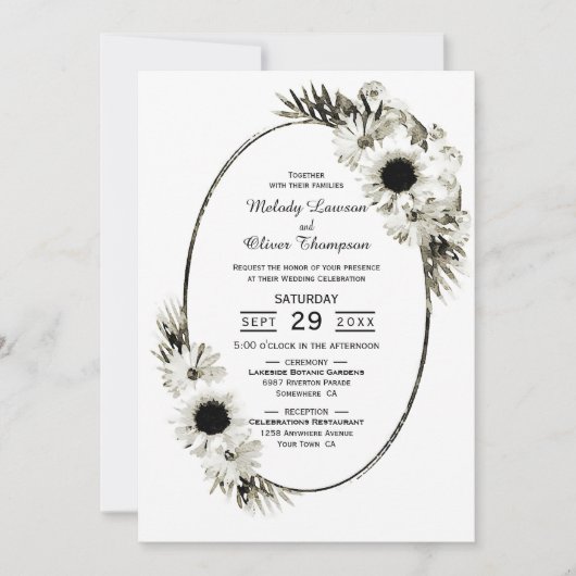 Rustige Black en White Sunflower Floral Wedding Kaart (Voorkant)