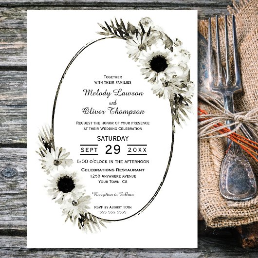 Rustige Black en White Sunflower Floral Wedding Kaart