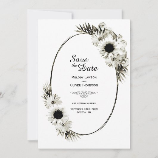 Rustige Black en White Sunflower Floral Wedding Save The Date (Voorkant)