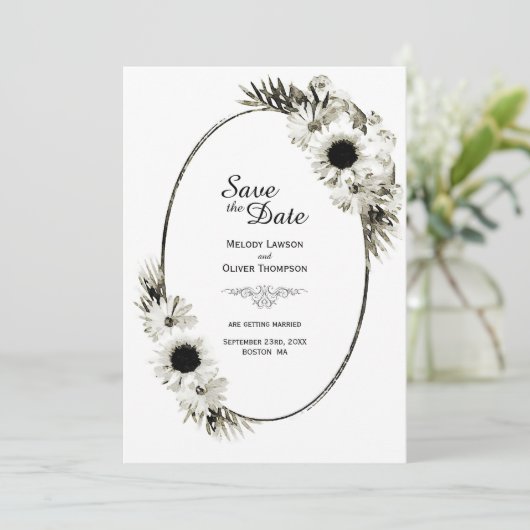 Rustige Black en White Sunflower Floral Wedding Save The Date (Staand voorkant)