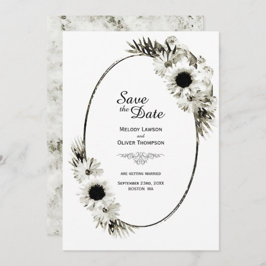 Rustige Black en White Sunflower Floral Wedding Save The Date (Voorkant / Achterkant)