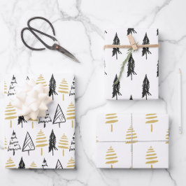 Rustige Black White & Gold Evergreen-kerstboom Inpakpapier Vel