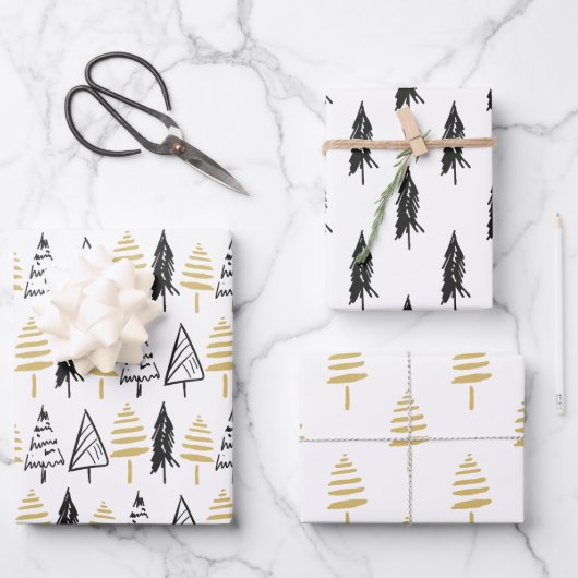 Rustige Black White & Gold Evergreen-kerstboom Inpakpapier Vel (Voorkant)