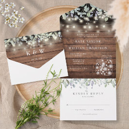 Rustige Blad Mason Jars Lichten Monogram Bruiloft All In One Uitnodiging