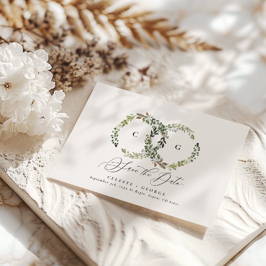 Rustige bladeren, florale en vlekbruiloft save the date