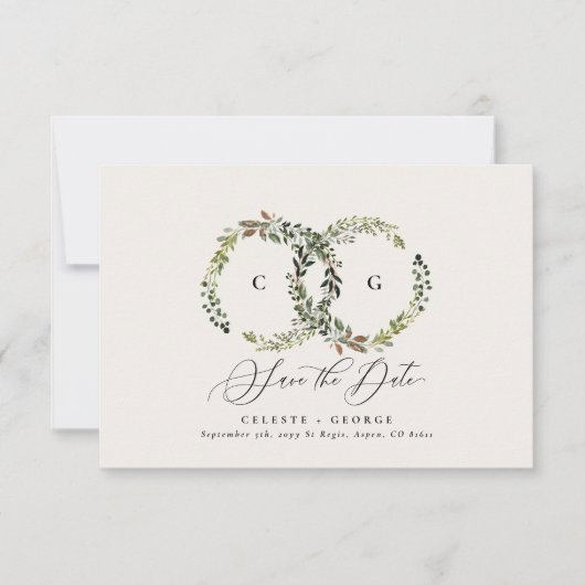 Rustige bladeren, florale en vlekbruiloft save the date (Voorkant)